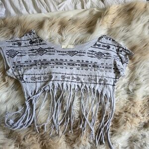 Hot Topic Light Gray Tribal Fringe Crop Top
